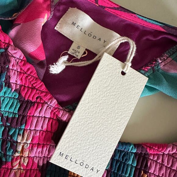 MELLODAY | Womens Colorful Midi Ruffled Tiered Smocked Bodice Dress Small Boho - Picture 6 of 15